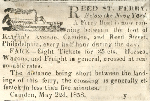 Reed Street Ferry advertisement, May 22, 1858