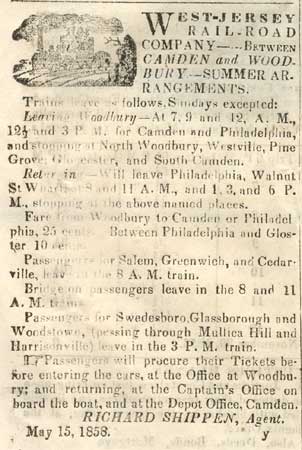 West Jersey Railroad advertisement, May 22, 1858