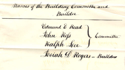 Names of the Building Committee and Builder, 1858