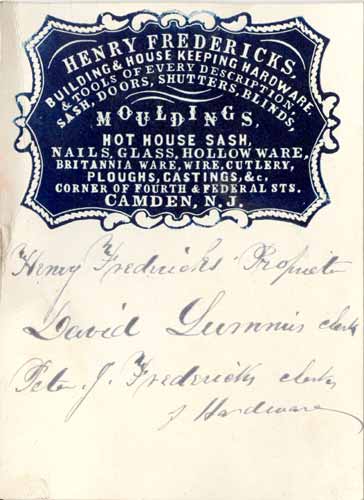 Business cards of Henry Fredericks, David Lummis, and Peter J. Fredericks, 1858