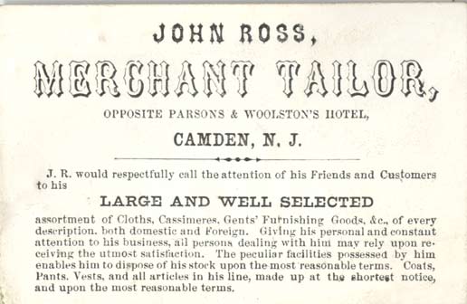 Business card of John Ross, 1858