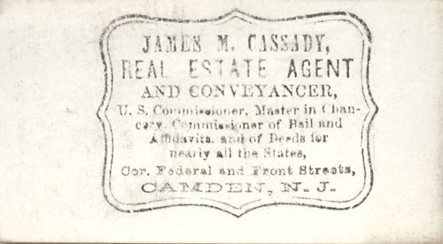 Business card of James M. Cassady, 1858