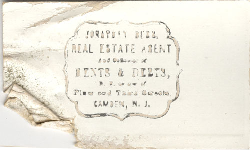 Business card of Jonathan Burr, 1858