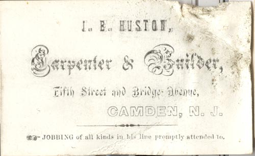 Business card of Jesse E. Huston, Huston and Bender, 1858
