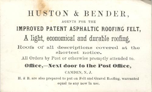 Jesse E. Huston and Mr. Bender business card, 1858