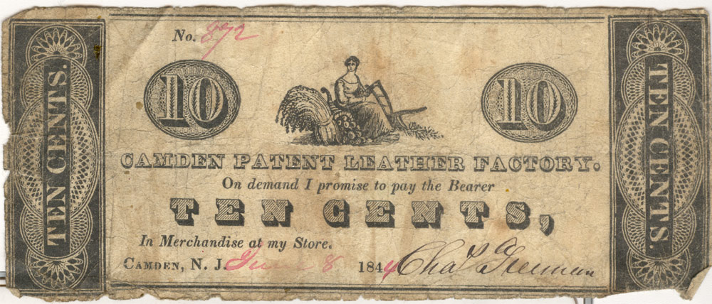 Business card of Camden Patent Leather Factory, 1858