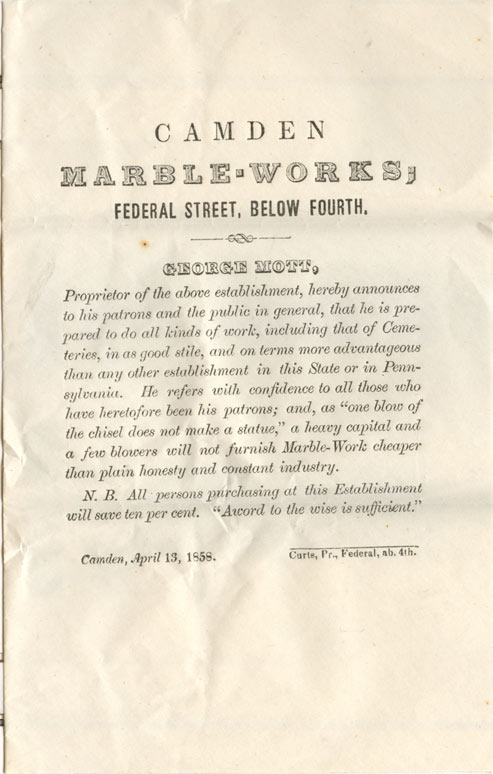 Business card of Camden Marble-Works, George Mott, 1858