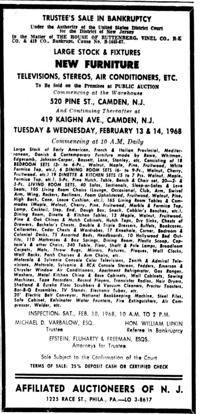 Trustee's Sale in Bankruptcy at 520 Pine Street, Camden Courier-Post, February 2, 1968