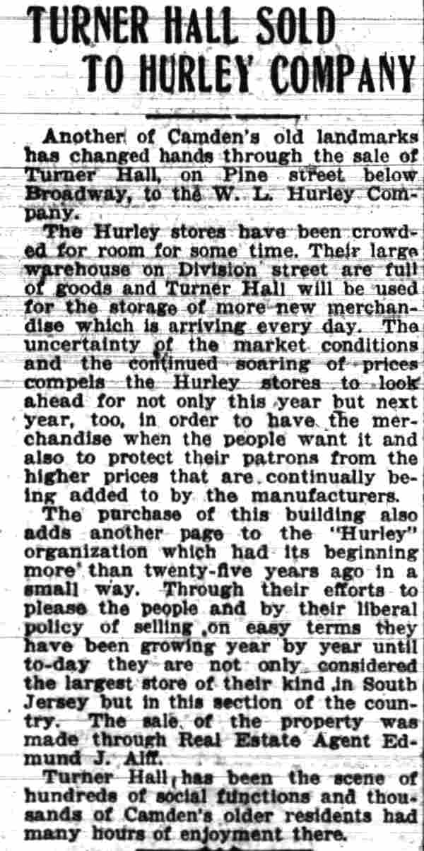 Turner Hall Sold to Hurley Company, Camden Post-Telegram, August 23, 1918