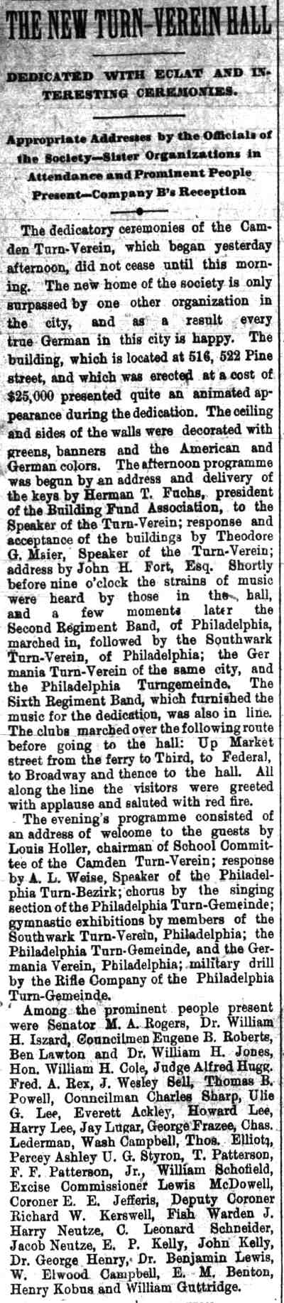 The New Turn-Verein Hall Dedicated with Eclat and Interesting Ceremonies, Camden Daily Courier, December 16, 1890