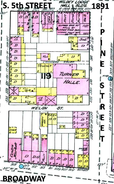 1891 Sanborn map showing Turner Hall at Pine Street, Camden
