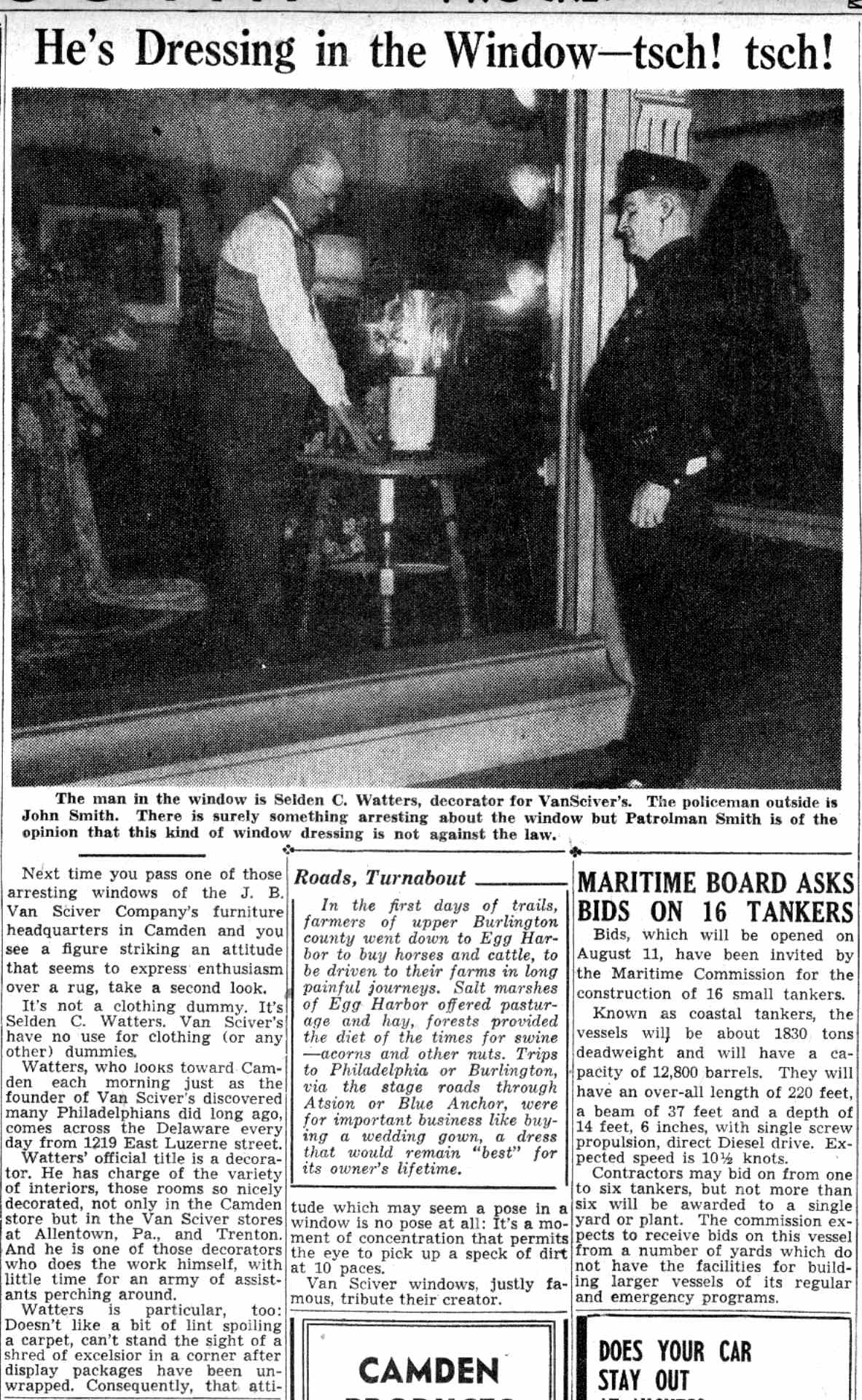 Camden Courier-Post, July 28, 1941 — He's Dressing in the Window: Selden C. Watters, decorator for VanSciver's, seen in a display window