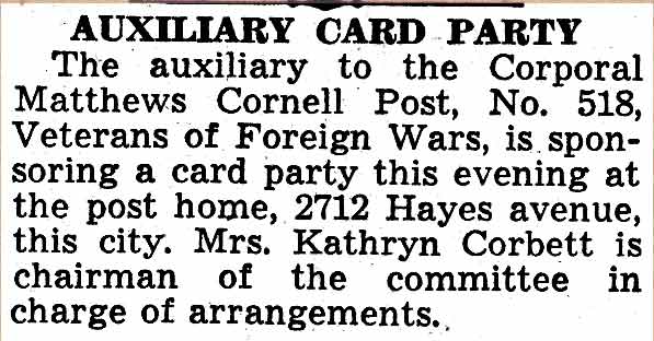 Mrs. Kathryn Corbett, VFW Post 518, February 26, 1938