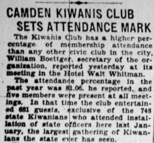 Hotel Walt Whitman — Camden Kiwanis Club, January 7, 1928