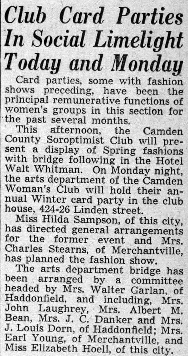 Club Card Parties In Social Limelight Today and Monday — Camden Courier-Post, February 26, 1938