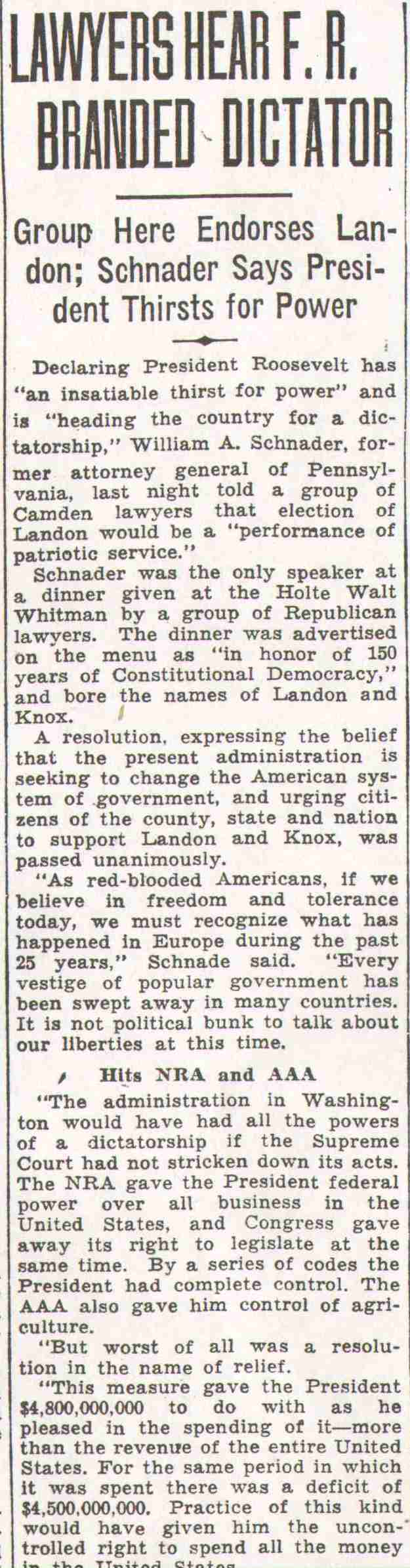 Lawyers Hear F. R. Branded Dictator - Camden Courier-Post, October 28, 1936