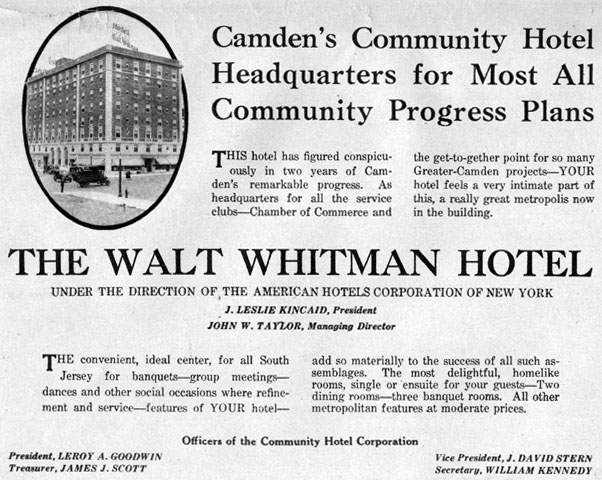 Walt Whitman Hotel — 1926 advertisement