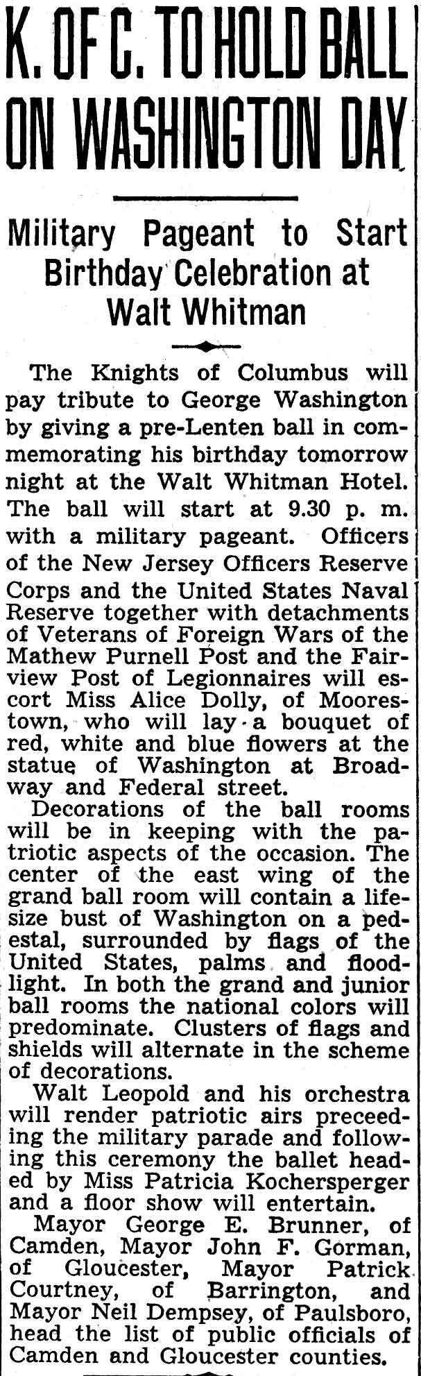 K. of C. to Hold Ball on Washington Day - Camden Courier-Post, February 21, 1938