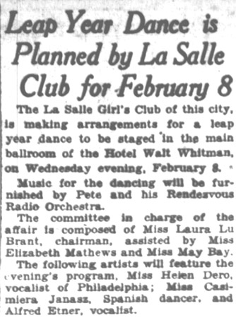 Hotel Walt Whitman — La Salle Girls, January 30, 1928
