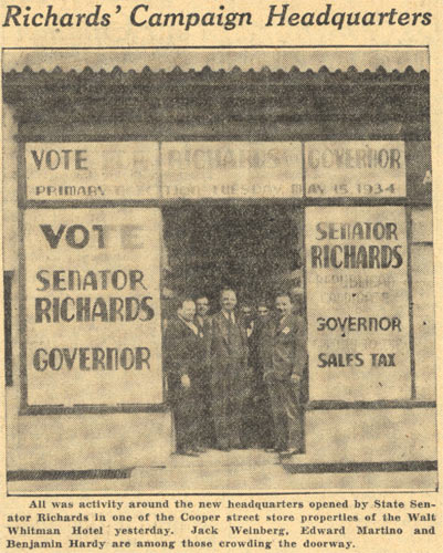 Camden Courier-Post, May 2, 1934 — Richards headquarters at Hotel Walt Whitman, Camden
