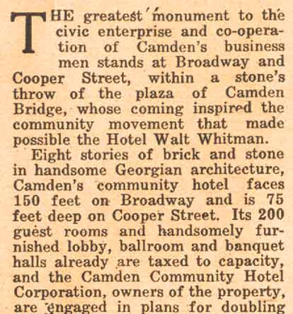 Walt Whitman Hotel — Camden Courier-Post, July 5, 1926