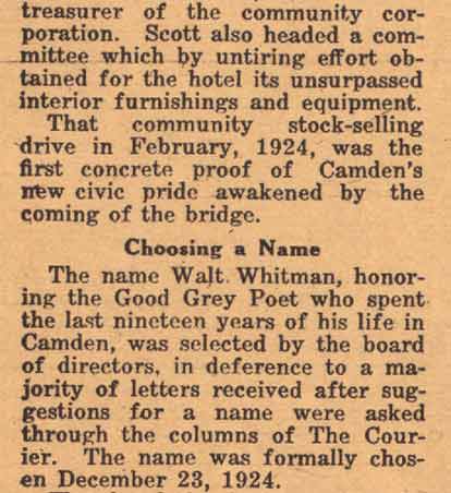 Walt Whitman Hotel — Camden Courier-Post, July 5, 1926