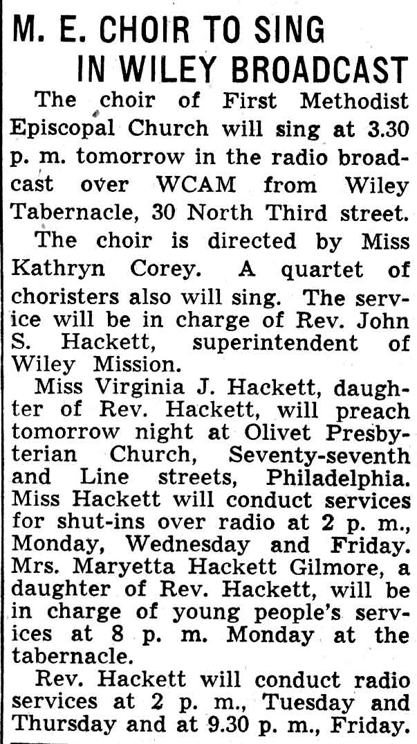 M.E. Choir to Sing in Wiley Broadcast, Camden Courier-Post, February 19, 1938