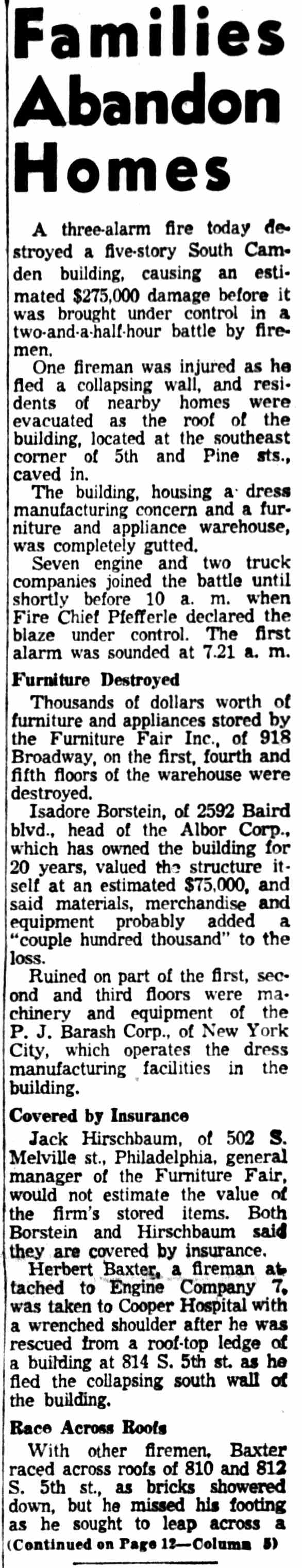 Camden Courier-Post, October 27, 1956 — Wildey Hall fire