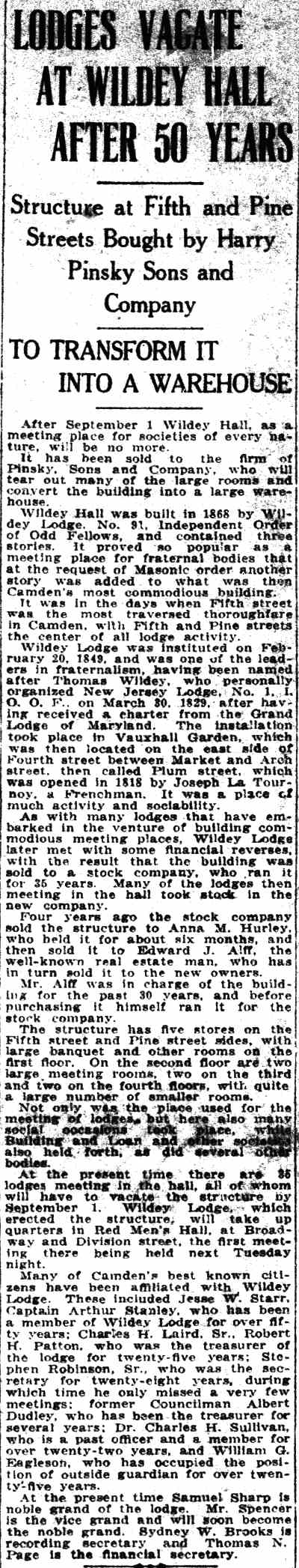 Camden Post-Telegram, July 3, 1923 — Wildey Hall sale