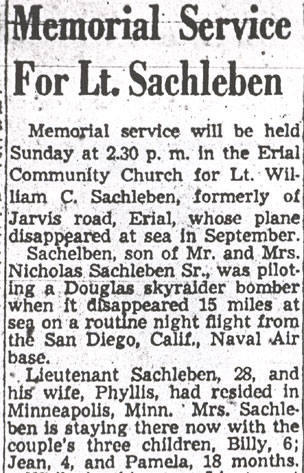 Memorial Service For Lt. Sachleben, Camden Courier-Post, November 10, 1951, part 1