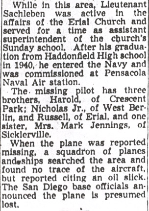 Memorial Service For Lt. Sachleben, Camden Courier-Post, November 10, 1951, part 2