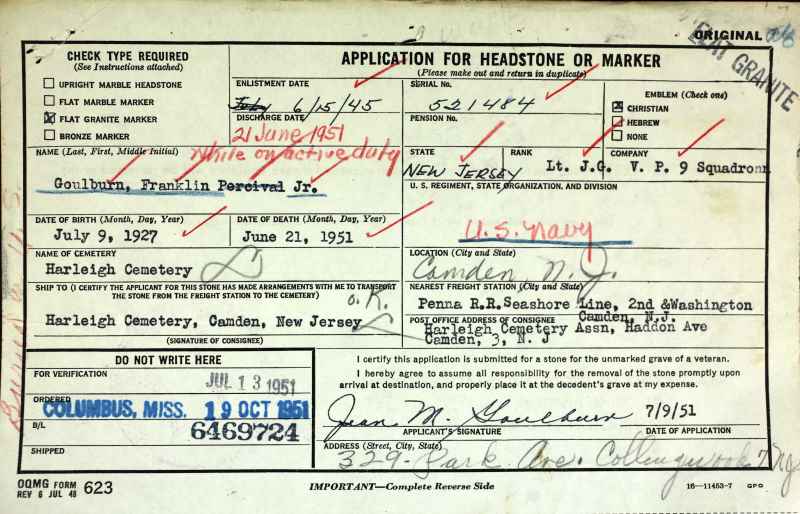 Application for Headstone or Marker for Franklin P. Goulburn Jr.