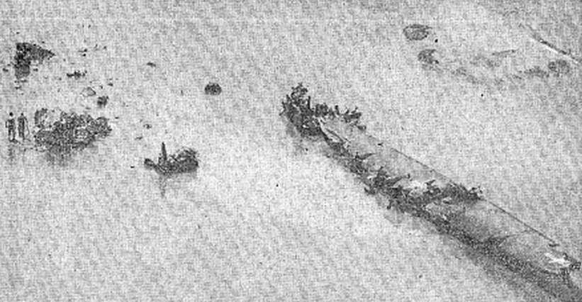 Aerial view of the crash site in Skagit Bay tidal flats, June 1951
