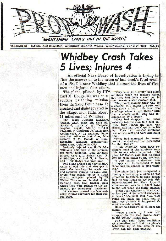 Prop Wash, NAS Whidbey Island, June 27, 1951 — Whidbey Crash Takes 5 Lives; Injures 4