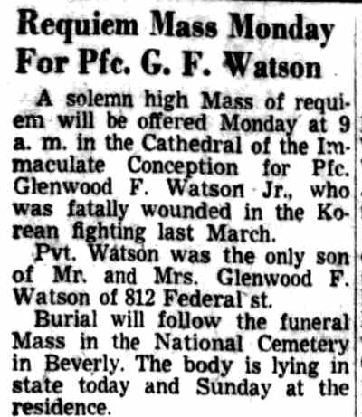 Camden Courier-Post, June 20, 1953, Watson funeral announcement