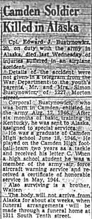 News article: Camden Soldier Killed in Alaska, Camden Courier-Post, May 24, 1948