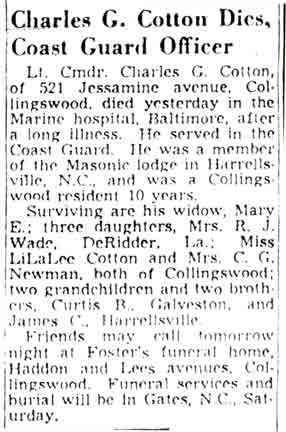 Obituary for Lt. Cmdr. Charles G. Cotton, Camden Courier-Post, March 3, 1949