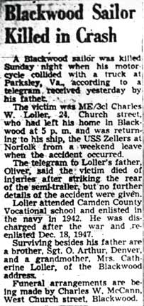 News article: Blackwood Sailor Killed in Crash, Camden Courier-Post, February 22, 1949