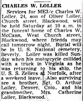 Obituary for Charles W. Loller, Camden Courier-Post, February 24, 1949