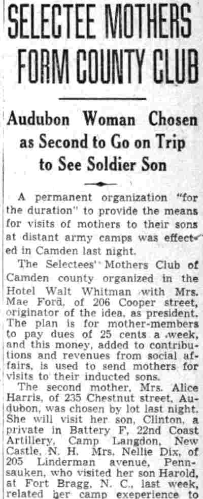 Camden Courier-Post, July 30, 1941, article about Selectee Mothers Club