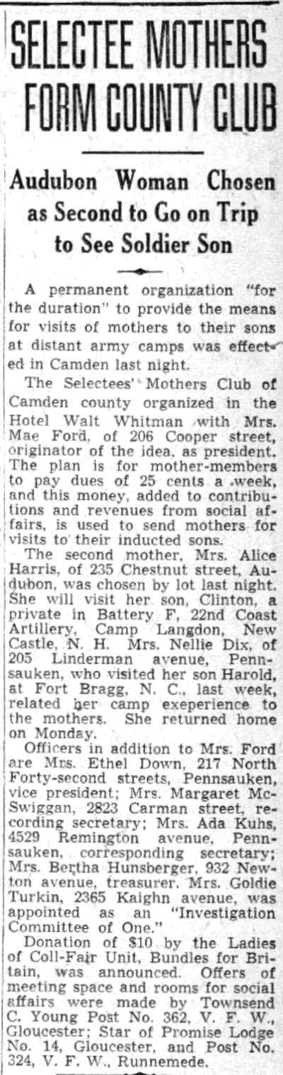 Camden Courier-Post article, July 30, 1941: Selectee Mothers Form County Club (part 1)
