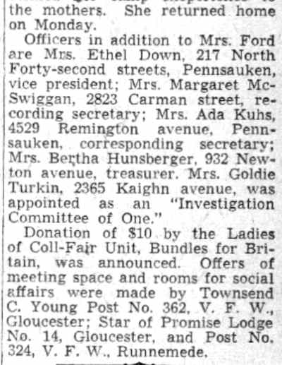 Camden Courier-Post article, July 30, 1941: Selectee Mothers Form County Club (part 2)