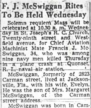 Camden Courier-Post, June 6, 1950, McSwiggan funeral announcement