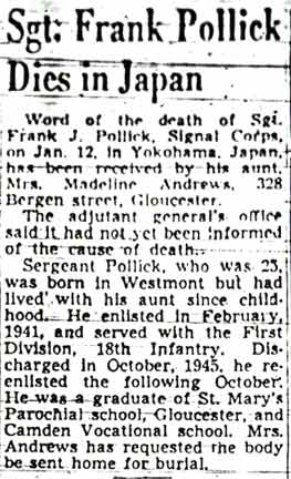 News article: Sgt. Frank Pollick Dies in Japan, Camden Courier-Post, January 21, 1948