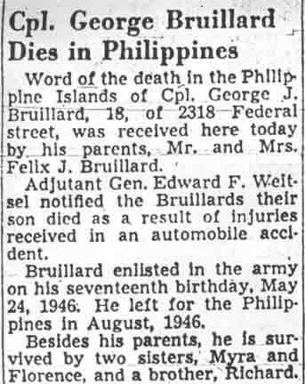 News article: Cpl. George Bruillard Dies in Philippines, Camden Courier-Post, January 24, 1948