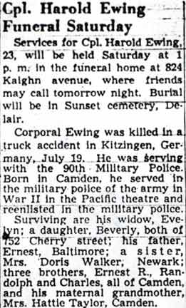 Newspaper clipping: Cpl. Harold Ewing Funeral Saturday, Camden Courier-Post, August 25, 1949