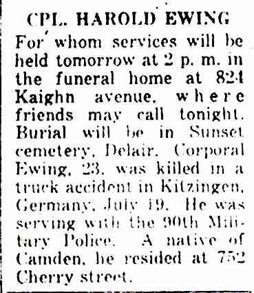 Newspaper clipping: Cpl. Harold Ewing, Camden Courier-Post, August 26, 1949