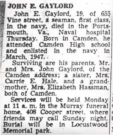 Obituary for John E. Gaylord, Camden Courier-Post, January 6, 1950