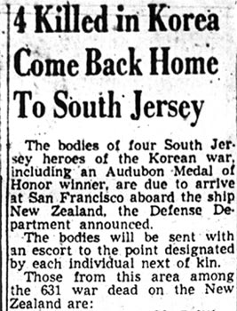Newspaper clipping: 4 Killed in Korea Come Back Home To South Jersey, Camden Courier-Post, November 10, 1952