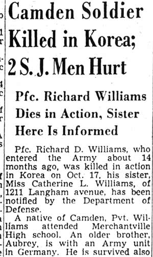Camden Soldier Killed in Korea; 2 S.J. Men Hurt, Camden Courier-Post, November 12, 1951, part 1